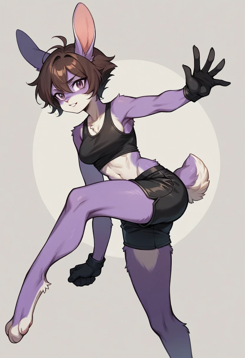 create a picture of a female half rabbit character  with purple giant rabbit digitigrade legs with white paws, put purple rabbit ears on top of her head, make her wearing black shorts and a black athletic tank top and black gloves, put purple fur on her arms from her elbows down, give her short brown hair, make her legs look fluffy and furry, make it in an anime style, make her doing a spinning kick