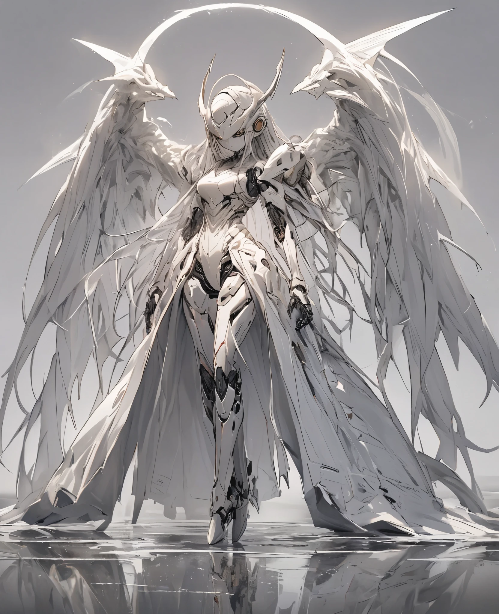 Engineering Drawings, Thin line pen drawing, dark, Futuristic silhouette of a white dragon cyborg girl, whole body, Long flowing coat, Wields a giant greatsword with a mechanical blade, Standing on a reflective surface against a minimalist light grey background