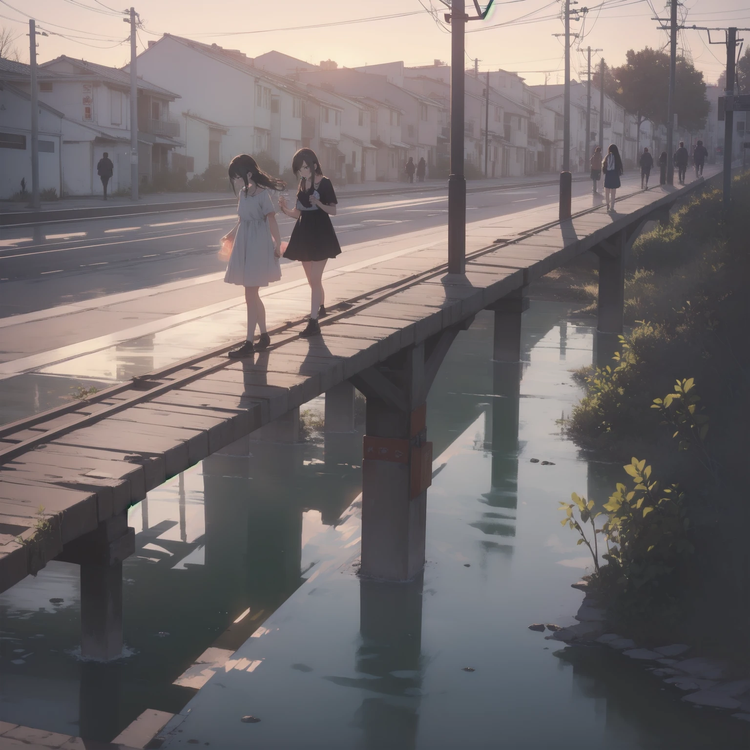 Vast landscape photography、(View from below、Shows the sky above and below)、High resolution、Highest quality、Very detailed、makoto shinkai、sunset、Girl in white dress looking sideways、College student with long brown hair、Electric pole、electric wire、Railroad crossing、Lens blur