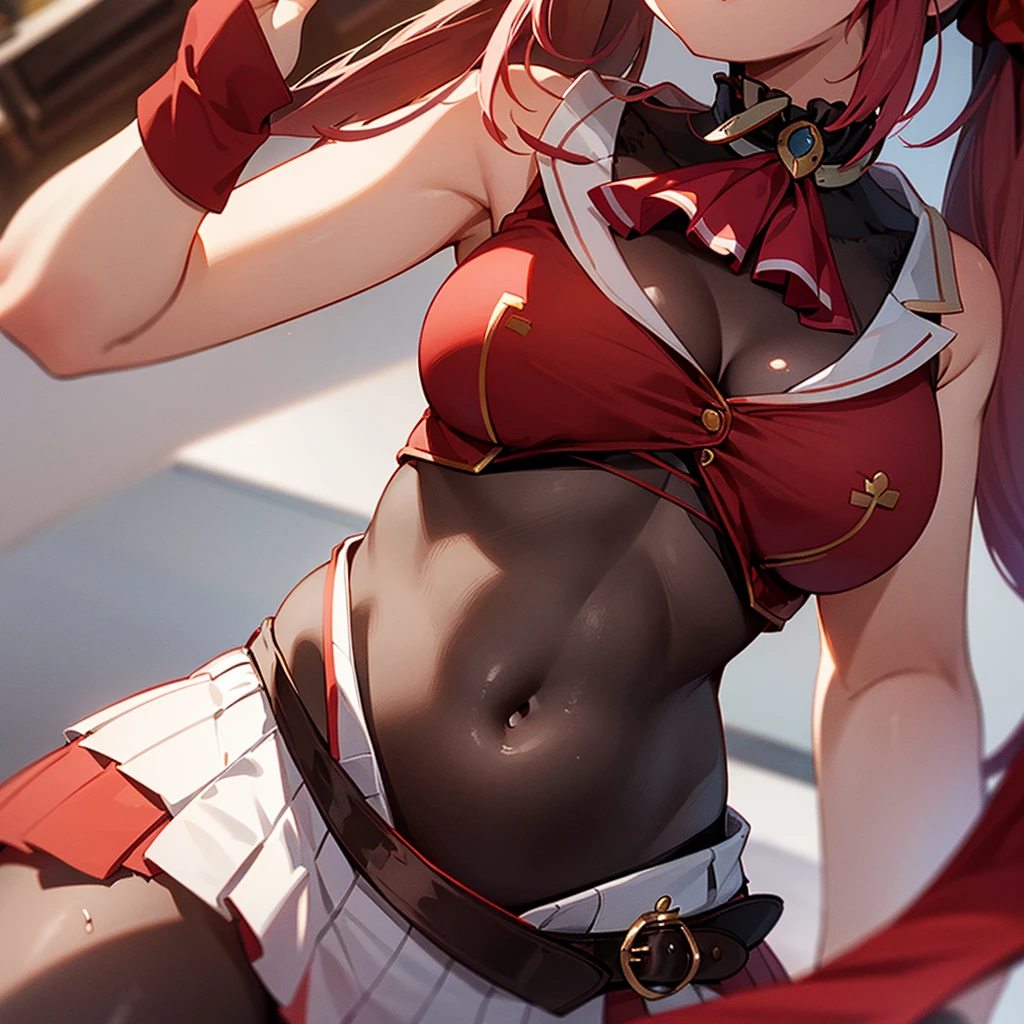 head out of frame, (covered navel:1.4), (navel close-up:1.3), navel focus, ,bbmarine, twintails, heterochromia, red ascot, bare shoulders, red shirt, bare arms, sleeveless, see-through, (leotard under clothes:1.2), covered navel, belt, pleated skirt, red skirt, black thighhighs, 