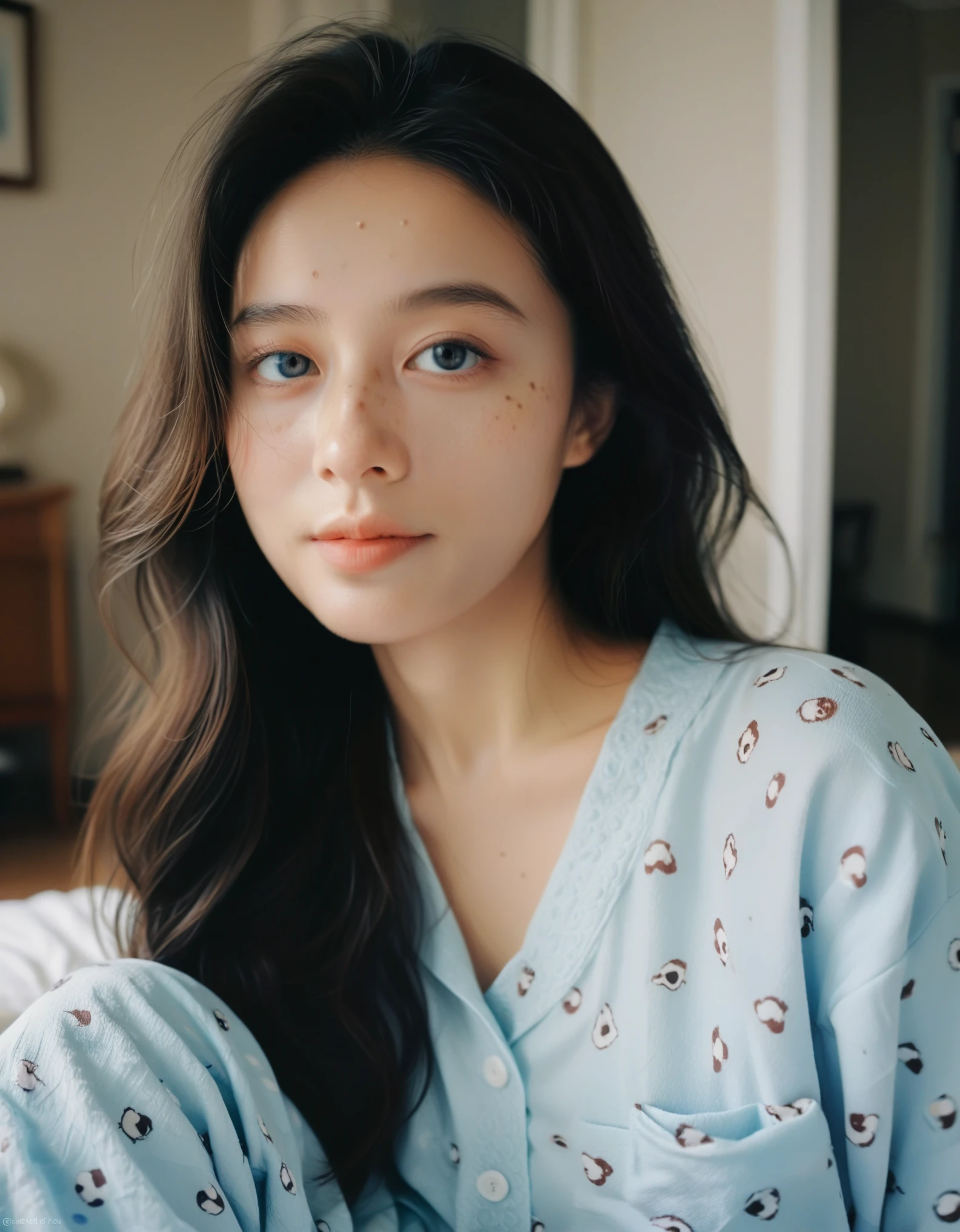 instagram selfie , a 23 year old gorgeous woman , slight smile , detailed skin face and eyes , natural lighting , at home , long hair, wearing cute pajamas , film grain, low contrast, natural face , freckles , black hair , blue eyes, dark circles under eyes