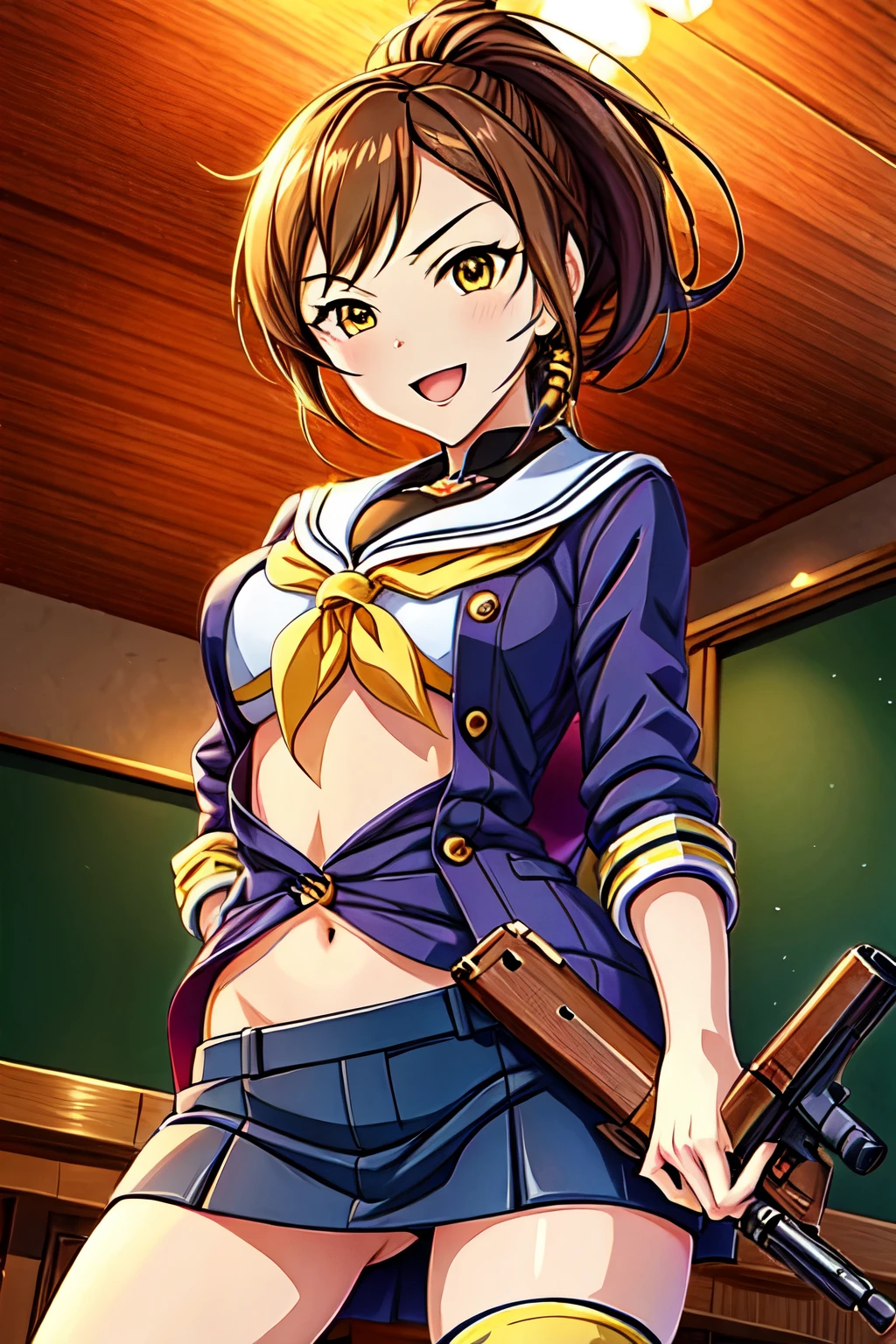 Brown Hair, Yellow eyes 1girl, 独奏、 short ponytail, brown hair,  blush, lipstick, masterpiece, best quality, highly detailed, a anime girls in sailor uniforms with a gun posing for a picture,
evil smile, smile, open mouth,black_serafuku, ecchi anime style, anime girls , (nsfw) not safe for work,
ecchi style, ecchi, shipgirls, digital anime art!!, high school girls, holding a gun, hold a gun, anime style 4
k, micro skirt, exposed belly, exposed navel, exposed midriff,
exposed lower belly,school, classroom, navel piercing