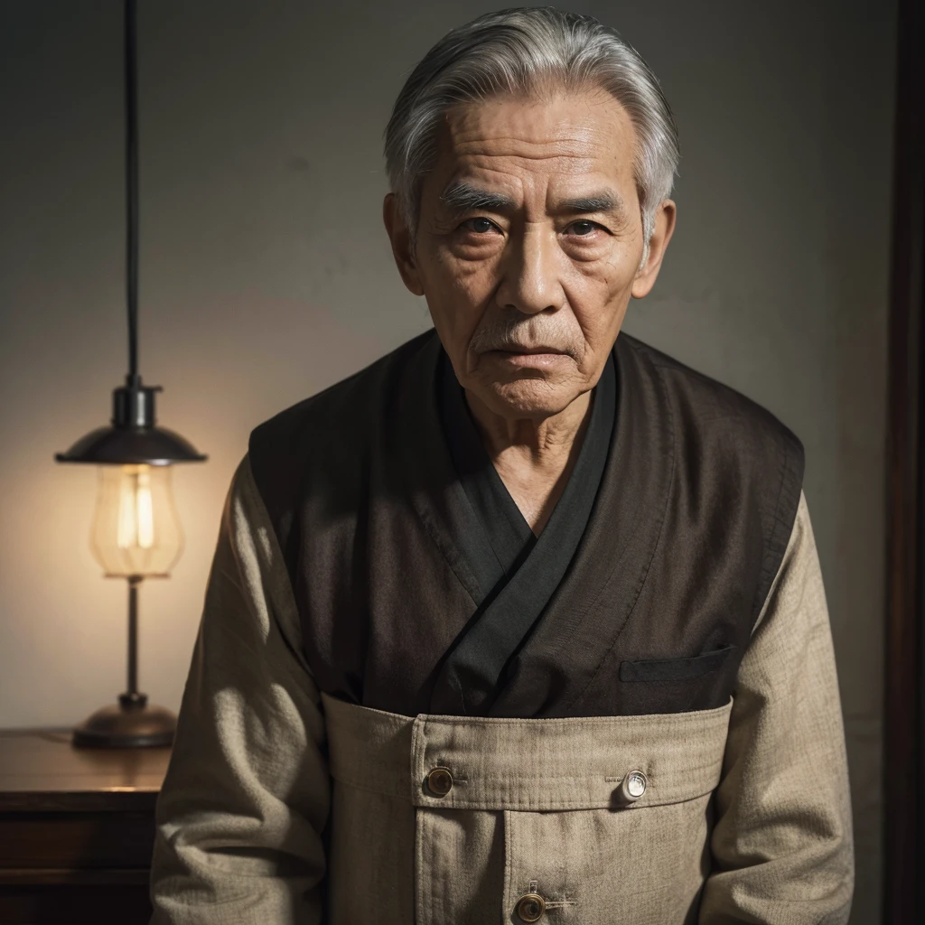 Medium-sized display, Medium shot, Written border depth, Upper Body, angle, masterpiece, angle, (RAW photos, best quality), best quality, Very detailed, CG, 8k wallpaper, Vicissitudes, Older male protagonist,Chinese elderly,80 years old,male,Solitary, Look directly at the audience, front