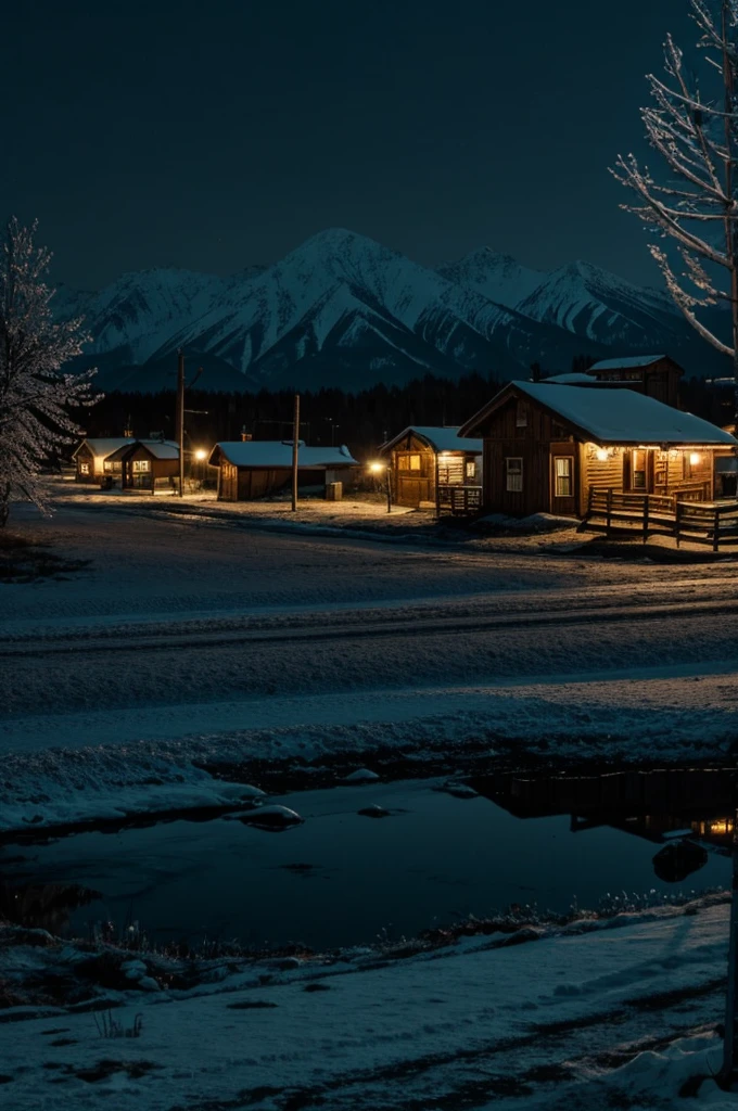 A small, isolated town with a rustic and depressive feel on a winter night