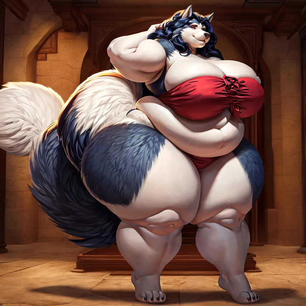 Gorgeous, beautiful, plump and voluptuous female malamute with massive breasts, massive hips, massive thighs, morbidly obese,a huge overhanging flabby belly,a deep navel,fat arms, fat legs, she has eyelashes and a rolled up tail , long hair, standing