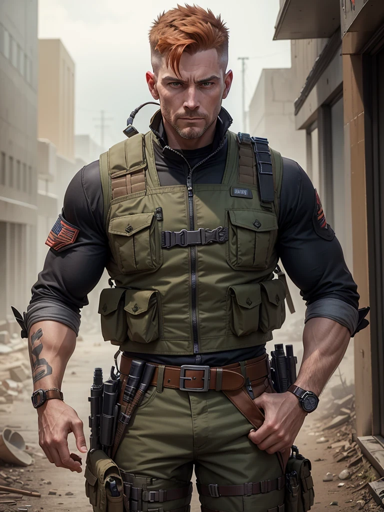 Mercenary, male focus,load-bearing vest, ammunition belt, danger atmosphere, war zone, auburn hair, crew cut, dark grey eyes, age 45.