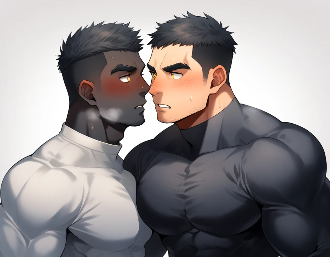 aanime characters:Two superheroes in tights, Muscle superhero, Black Short Hair, negro black skin, They hugged and kissed each other, Bite your neck, Caress, Manliness, male focus, Yellow and black high collar long sleeve tight T-shirt, Slightly transparent material, Very tight, Round, full and perky chest muscles, Male dog waist, Slightly transparent, muscular male, muscular, only, Upper body, alone, Black Short Hair, Thick eyebrows, stubble, Yellow eyes, Grey background, simple background, amazing quality, best aesthetics, Ridiculous, bright pupils, crew cut, parted lips, blush, heavy breathing, endured face, drop shadow, best quality
