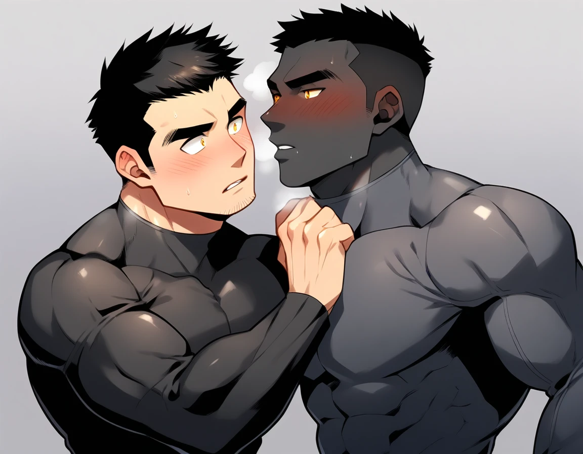 aanime characters:Two superheroes in tights, Muscle superhero, Black Short Hair, negro black skin, They hugged and kissed each other, Bite your neck, Caress, Manliness, male focus, Yellow and black high collar long sleeve tight T-shirt, Slightly transparent material, Very tight, Round, full and perky chest muscles, Male dog waist, Slightly transparent, muscular male, muscular, only, Upper body, alone, Black Short Hair, Thick eyebrows, stubble, Yellow eyes, Grey background, simple background, amazing quality, best aesthetics, Ridiculous, bright pupils, crew cut, parted lips, blush, heavy breathing, endured face, drop shadow, best quality