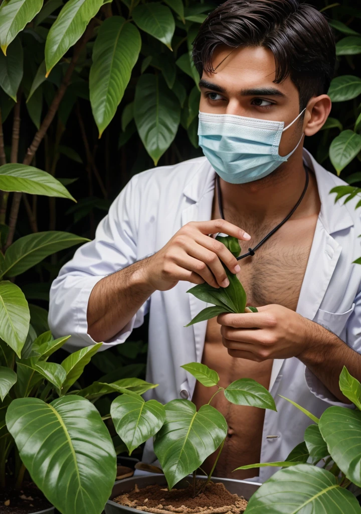 A male medical student doing a dissection on a plant leaves.