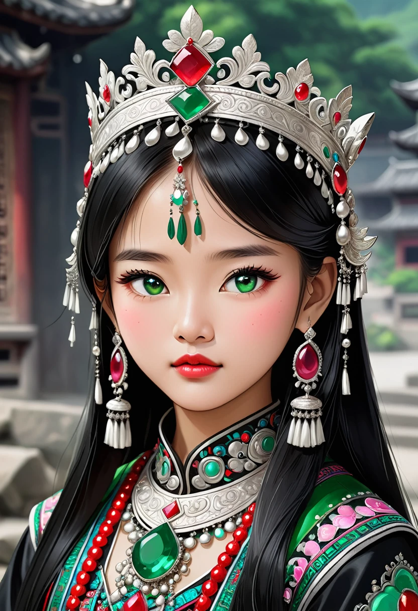 A young 18-year-old Chinese ethnic minority girl, with lustrous jet-black hair, wearing exquisite traditional Miao ethnic clothing, a magnificent silver crown adorned with ruby and emerald jewels ((centered)), 32K, highres
