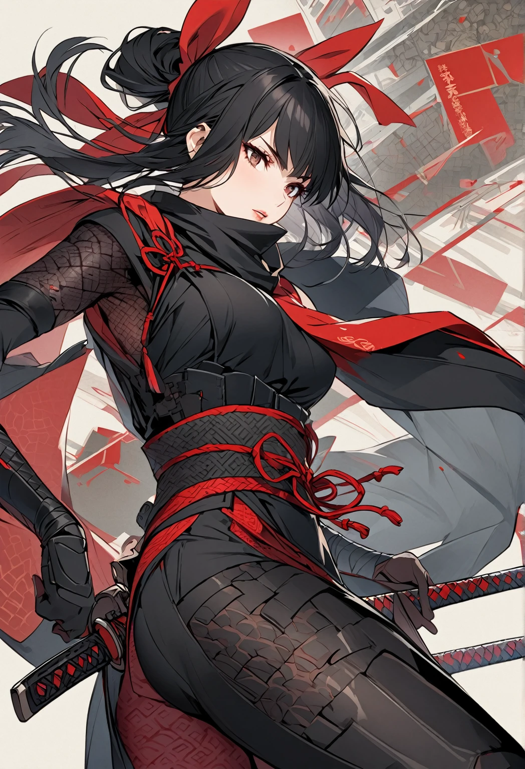 "Create an illustration of a futuristic female ninja with black hair, wearing a detailed and modernized ninja costume and equipped with traditional and technical weapons. She has long black hair tied with a red ribbon and a symbol She must be wearing an advanced black outfit with red accents that include letters. She holds a sword with intricate patterns on the hilt and sheath. The setting is Edo period.