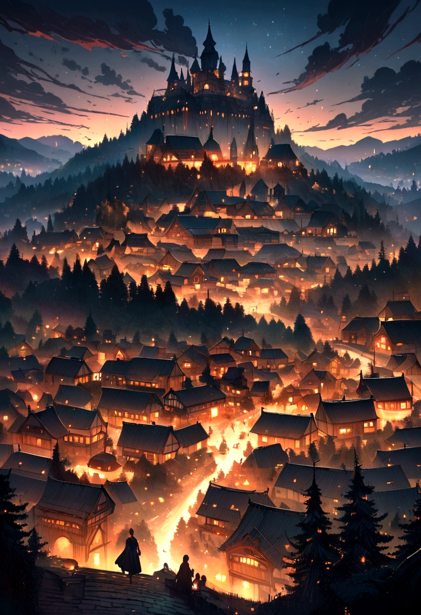 fantasy, landscape, Dark background, Extremely detailed, High Detail, clear Meticulous, village, Trees, City, people，It&#39;s raining heavily at night，thunders，16:9