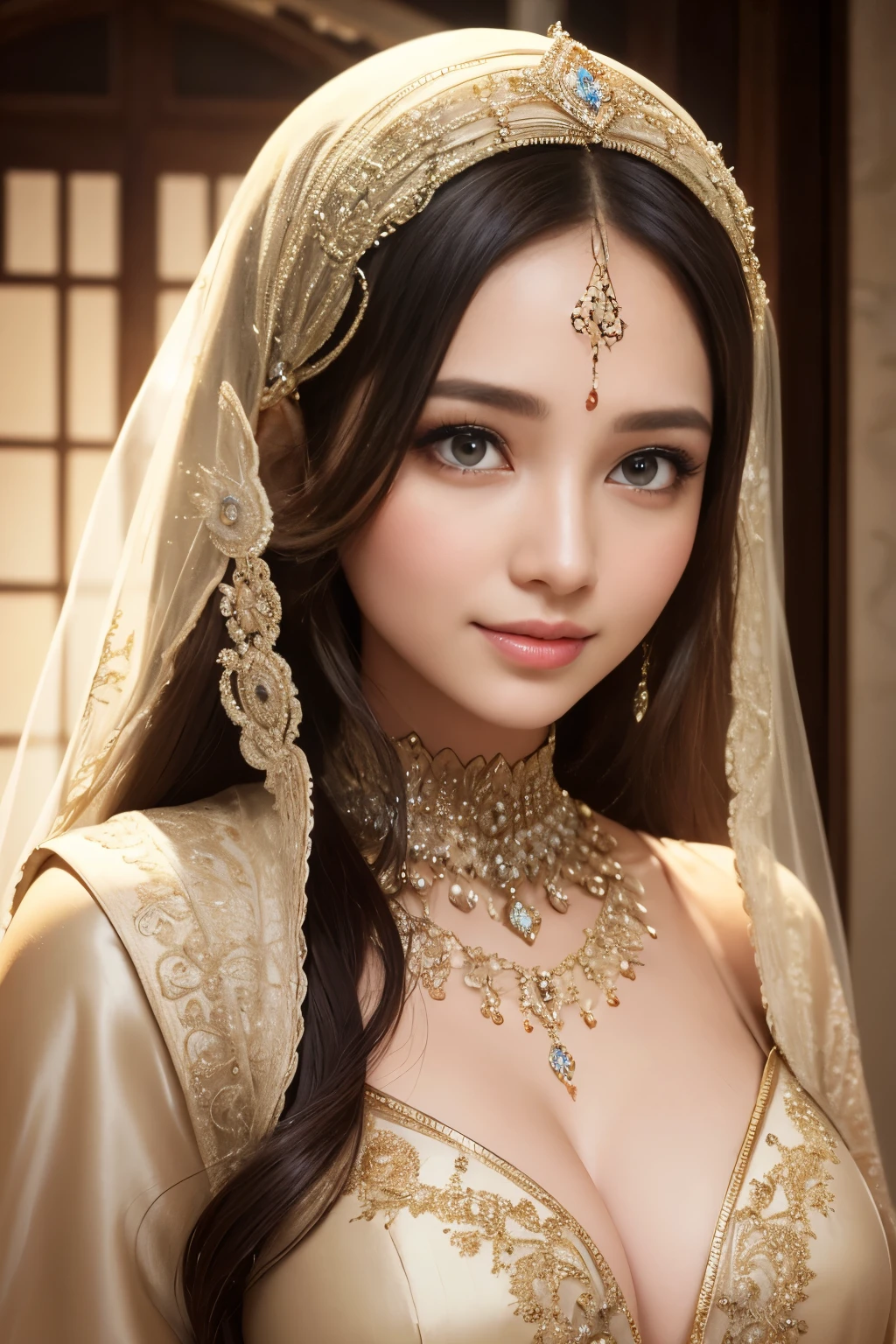see-through, transparent, Flashy, grandeur, glamor, cleavage, hijabi, Absurd, ultra-detailed, high quality, masterpiece, detailed face, beautiful eyes(detailed eyes), javanese, gentle and graceful, face exudes warmth and kindness, eyes described as soft and comforting, gentle and steady gaze, overall appearance is simple and modest, The fabric of her garments is usually depicted as soft and earth-toned, beauty lies not in extravagant adornments, Her smile is serene and welcoming