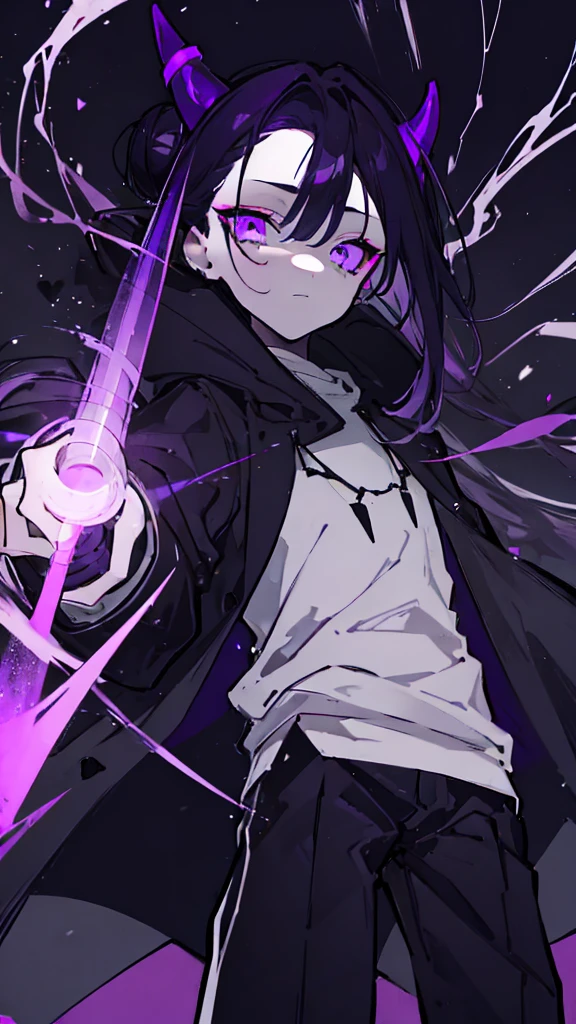 boy. thoughtful look. open forehead. black and purple hair tied in a bun on the left side to one side. sinuous black horns wrapped in dark purple ribbon. pale violet eyes. in short dark purple shorts. long white T-shirt. dark purple knee-high socks. dark_purple long coat with hood. древние dark_purple stone walls purple light from lamps on an old piano, blue lightning, a sword