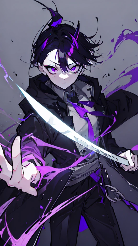boy. thoughtful look. open forehead. black and purple hair tied in a bun on the left side to one side. sinuous black horns wrapped in dark purple ribbon. pale violet eyes. in short dark purple shorts. long white T-shirt. dark purple knee-high socks. dark_purple long coat with hood. древние dark_purple stone walls purple light from lamps on an old piano, blue lightning, a sword