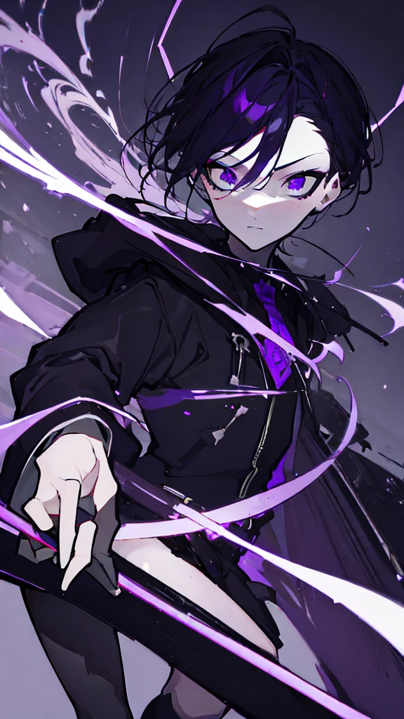 boy. thoughtful look. open forehead. black and purple hair tied in a bun on the left side to one side. sinuous black horns wrapped in dark purple ribbon. pale violet eyes. in short dark purple shorts. long white T-shirt. dark purple knee-high socks. dark_purple long coat with hood. древние dark_purple stone walls purple light from lamps on an old piano, blue lightning, a sword