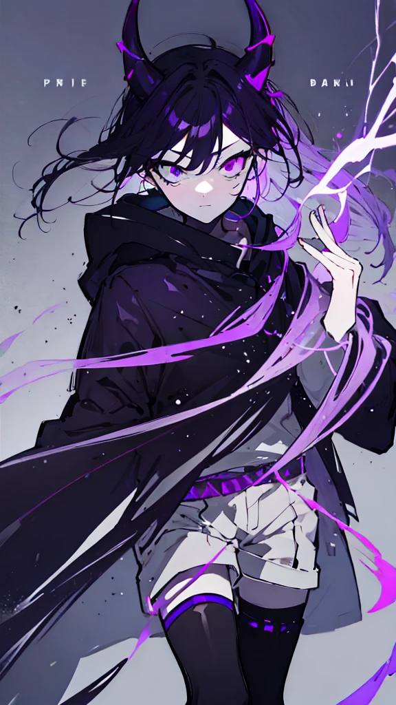 boy. thoughtful look. open forehead. black and purple hair tied in a bun on the left side to one side. sinuous black horns wrapped in dark purple ribbon. pale violet eyes. in short dark purple shorts. long white T-shirt. dark purple knee-high socks. dark_purple long coat with hood. древние dark_purple stone walls purple light from lamps on an old piano, blue lightning, a sword