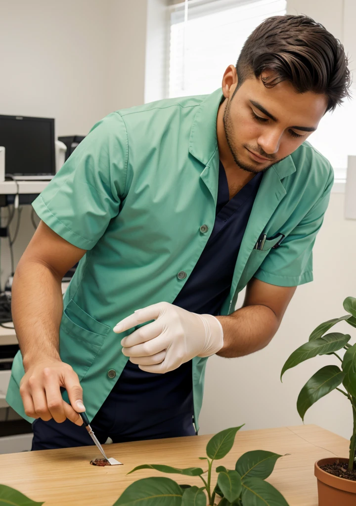 A male medical student doing a dissection on a plant leaves.