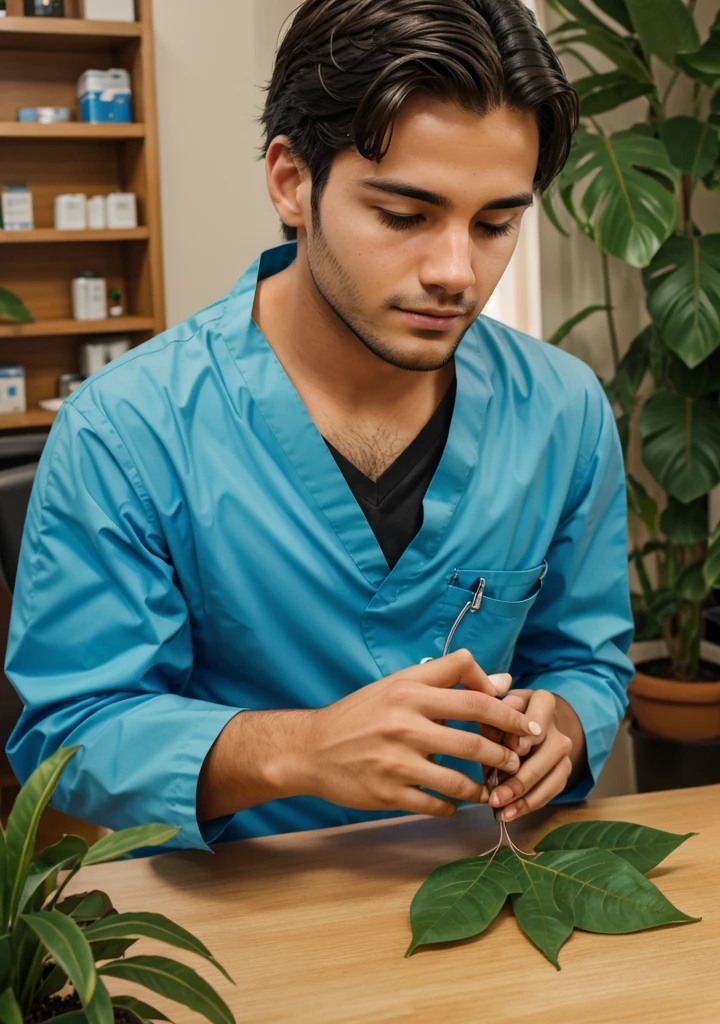 A male medical student doing a dissection on a plant leaves.