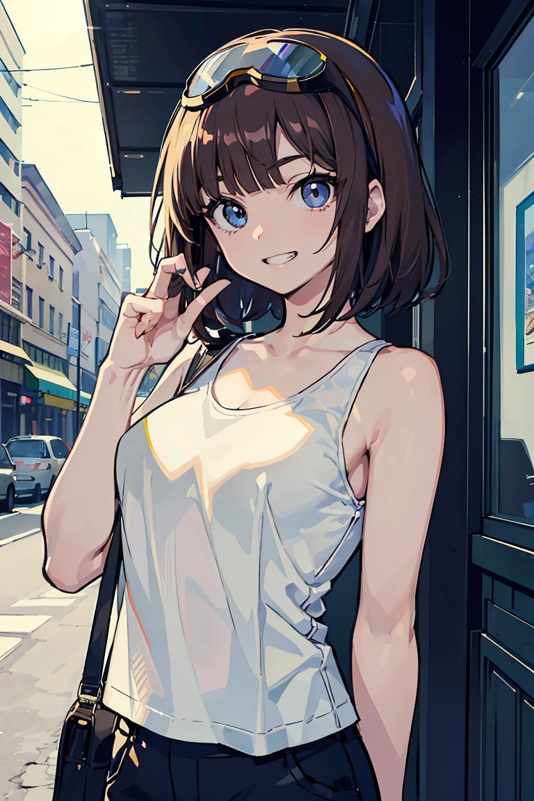 (1 personのドワーフの女の子), (1 person), (super high quality), masterpiece, Open-necked clothing, Wear goggles on your head, (Brown Hair Color), (Colorful colors), Casual Scene, She is wearing fashionable clothes, Work pants, Tank top, Street atmosphere, Perfect body, (E Cup:1.2), Grin, Fresh, (Asymmetrical bangs:1.3),Short Bob, (Highly detailed face and eyes), Sharp eyes, Digital Art, beautiful, Cinema Lighting, yusuke murata.tonality, Romanticism, modern art, Impressionism, reflected light, 8K, masterpiece, Advanced Details, Highest quality, Five Fingers,Accurate anatomy