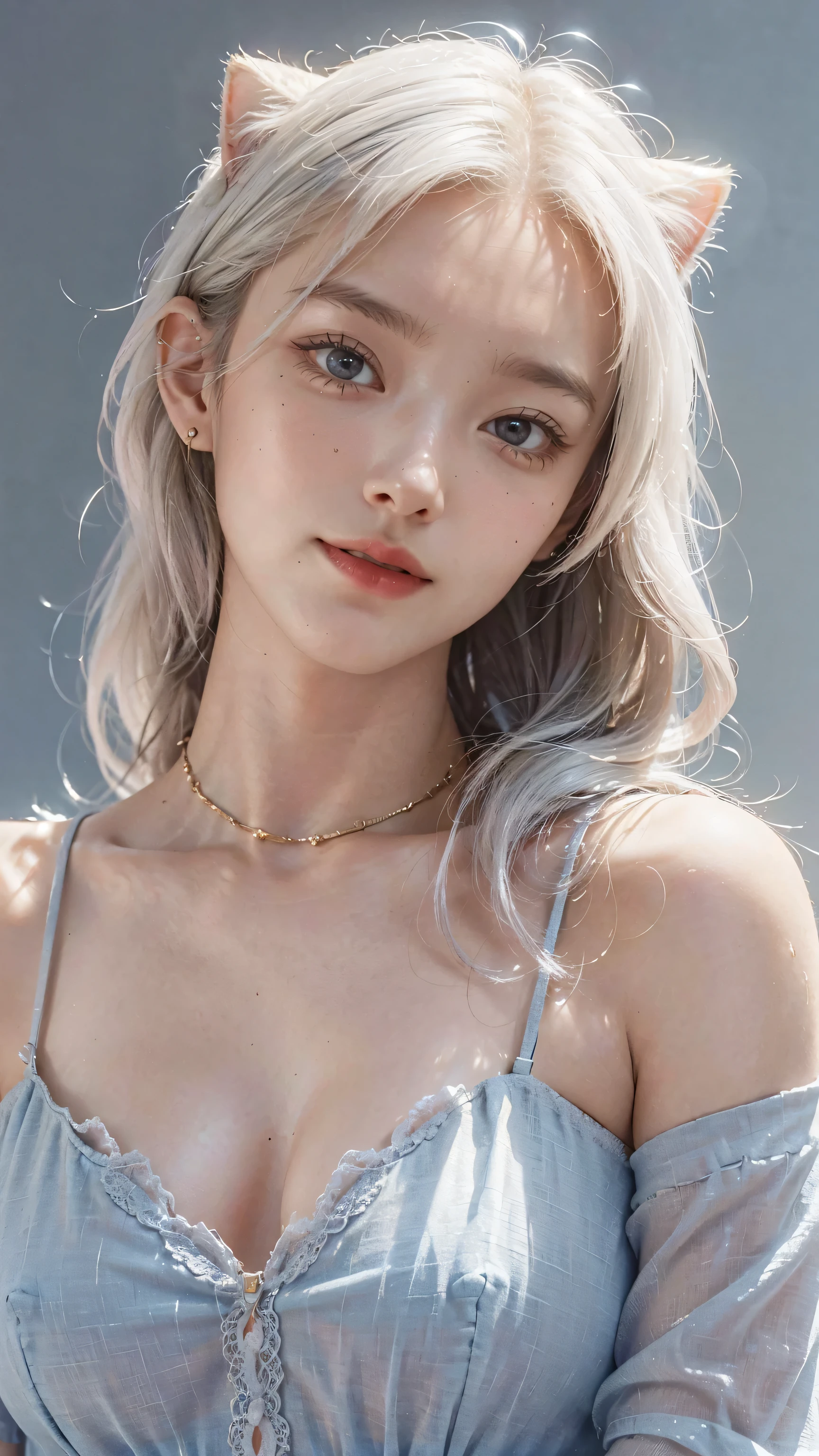 (Masterpiece: 1.2, highest quality), (real photo, intricate details), 1 Lady, Solo, Upper body, Casual, shoulder length hair, Minimal makeup, Natural fabric, Face close-up, Smile, Home, white hair, blue eyes, cat ears,