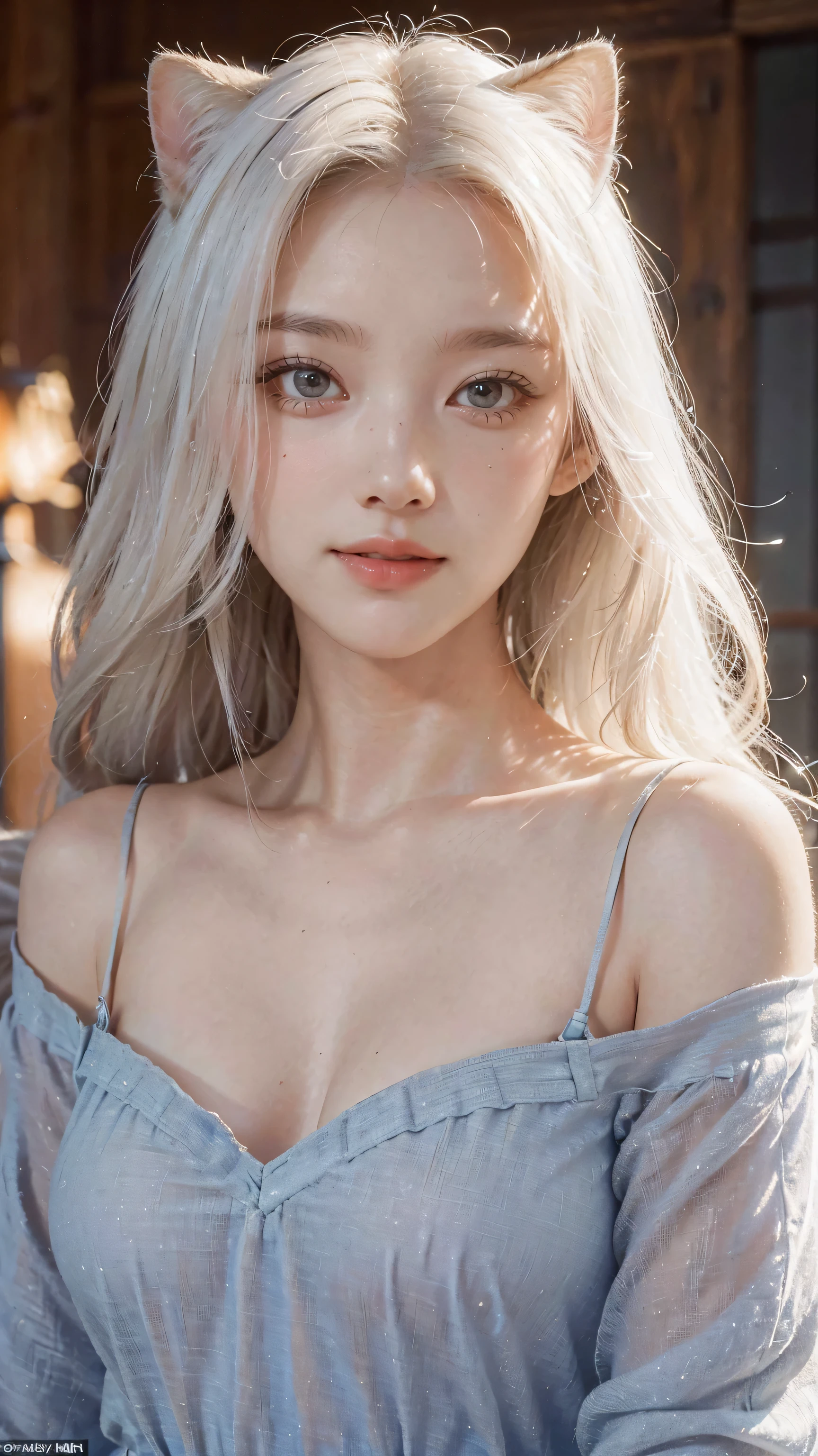 (Masterpiece: 1.2, highest quality), (real photo, intricate details), 1 Lady, Solo, Upper body, Casual, shoulder length hair, Minimal makeup, Natural fabric, Face close-up, Smile, Home, white hair, blue eyes, cat ears,