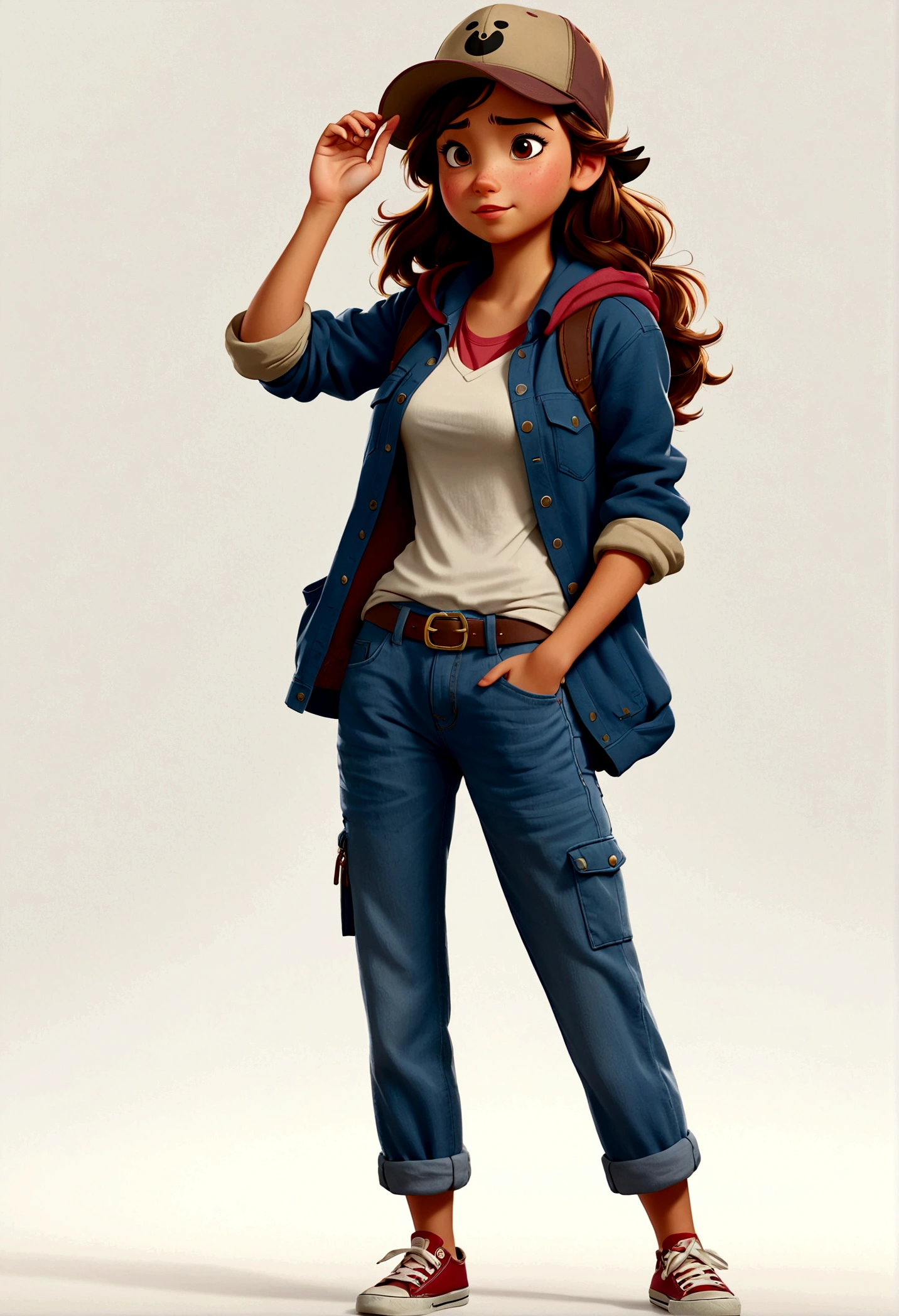 solo,1 Girl,18 years old,Wear casual clothing,Wearing a hat,Standing,Hands in pockets, feature, looking heckin cool and stylish, Disney style, Multiple poses and expressions, 4 positions, whole body, White background,