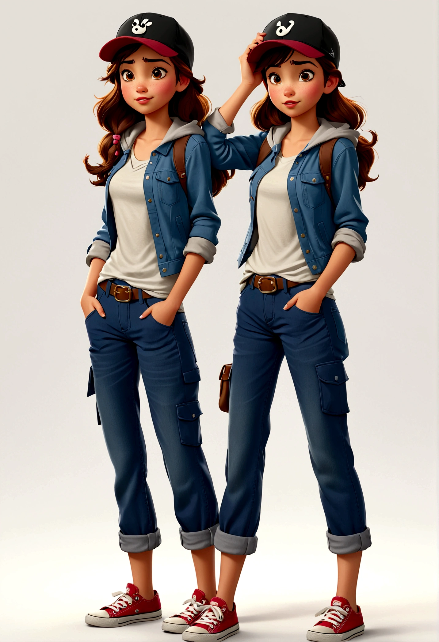 solo,1 Girl,18 years old,Wear casual clothing,Wearing a hat,Standing,Hands in pockets, feature, looking heckin cool and stylish, Disney style, Multiple poses and expressions, 4 positions, whole body, White background,