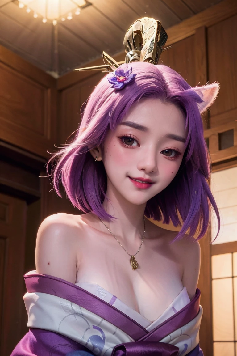 (masterpiece, best quality:1.2) from below intricate details, spirit blossom soraka, 1girl, purple skin, colored skin, single horn, kimono, hair ornament, bare shoulders, smile