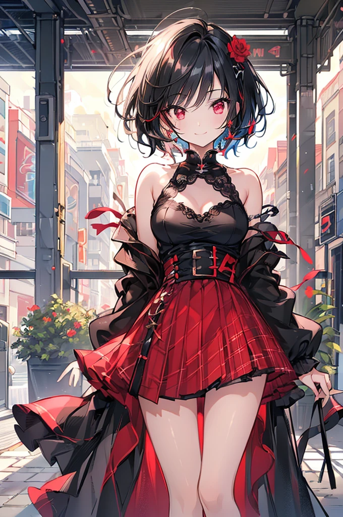 (masterpiece, highest quality, highest quality, (No text), Beautiful and aesthetic:1.2),No text,アニメ、BREAK,One Girl，Black Hair Girl　short hair　Tree Eyes　Beautiful eyes　Red eyes　cool　smile　Red and Black　mini skirt　Whole body　Detailed eyes and face　Night in the city