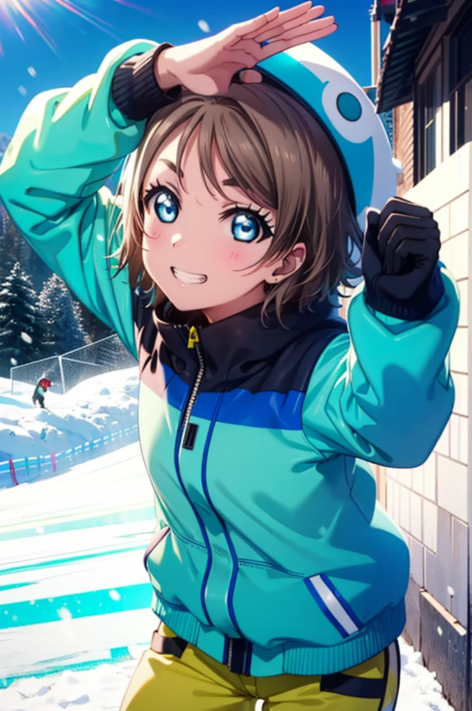 Yo Watanabe, Watanabe Yo, short hair, blue eyes, Brown Hair, smile, Grin,Yellow Wear、Outerwear is blue、Red trousers),sneakers,Snowboarding down a ski slope,whole bodyがイラストに入る,
break ourdoors, Snow Mountain,
break looking at viewer, whole body,(Cowboy Shot:1. 5)
break (masterpiece:1.2), Highest quality, High resolution, unity 8k wallpaper, (figure:0.8), (Beautiful attention to detail:1.6), Highly detailed face, Perfect lighting, Highly detailed CG, (Perfect hands, Perfect Anatomy),