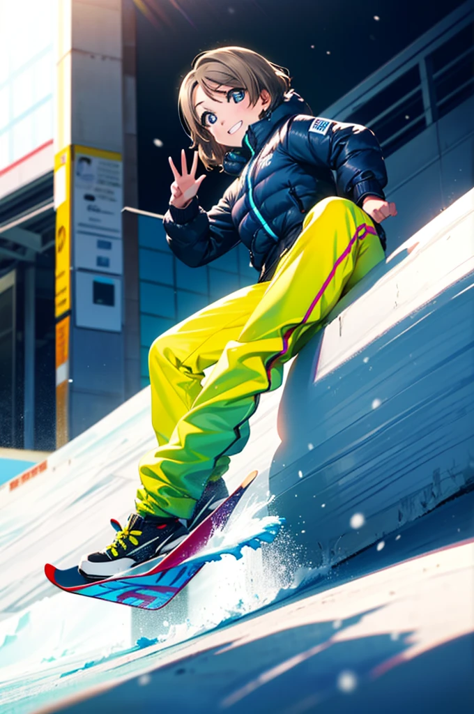 Yo Watanabe, Watanabe Yo, short hair, blue eyes, Brown Hair, smile, Grin,Yellow Wear、Outerwear is blue、Red trousers),sneakers,Snowboarding down a ski slope,whole bodyがイラストに入る,
break ourdoors, Snow Mountain,
break looking at viewer, whole body,(Cowboy Shot:1. 5)
break (masterpiece:1.2), Highest quality, High resolution, unity 8k wallpaper, (figure:0.8), (Beautiful attention to detail:1.6), Highly detailed face, Perfect lighting, Highly detailed CG, (Perfect hands, Perfect Anatomy),