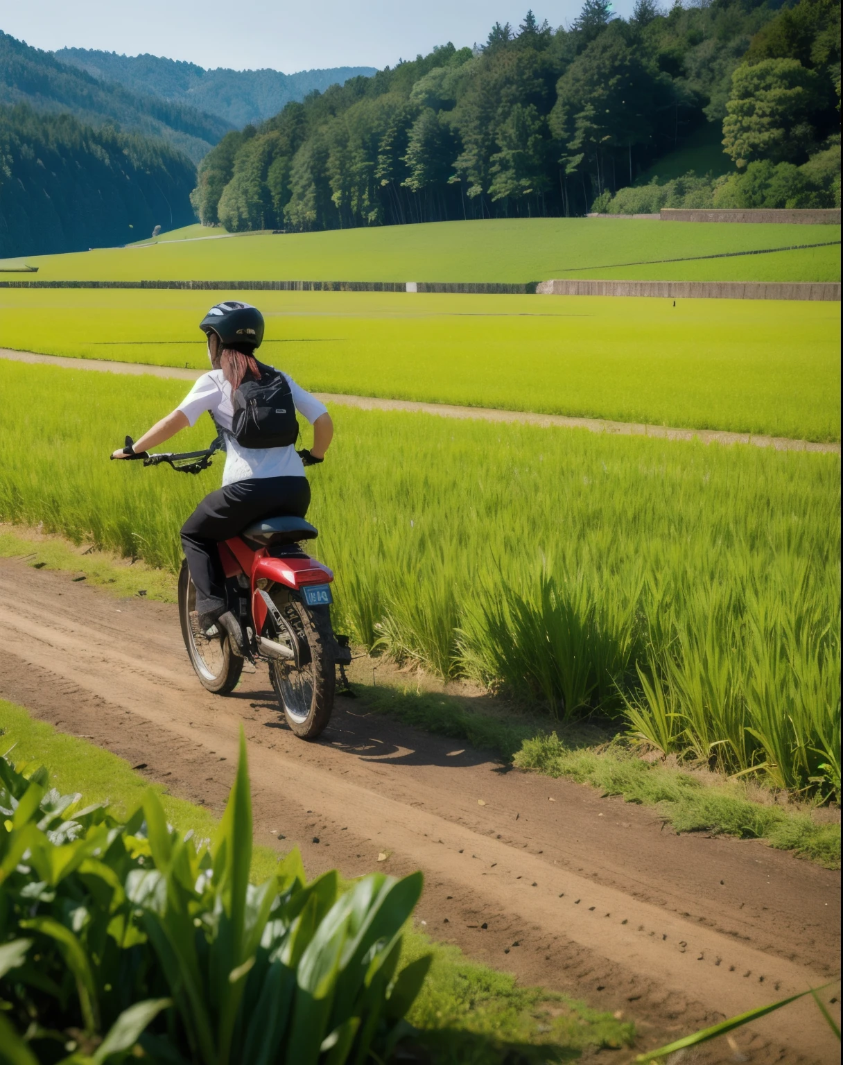 Rice field in the forest Push the bike Japanese high school girls