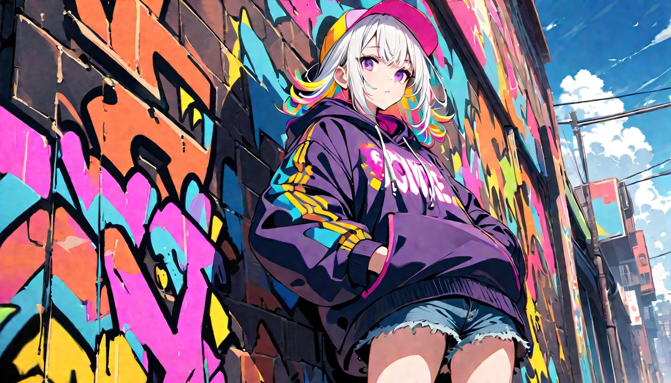 HD 8K Handsome cute, Solitary, 1 female, Medium Length Hair, white hair, Rainbow hair, purple Eyes, Rainbow headphone, hoodie, colored hoodie, Trucker Hat, hip-hop style hooded jacket, denim shorts, Human focus, outdoor, White clouds, graffiti Popularity spray art wall,