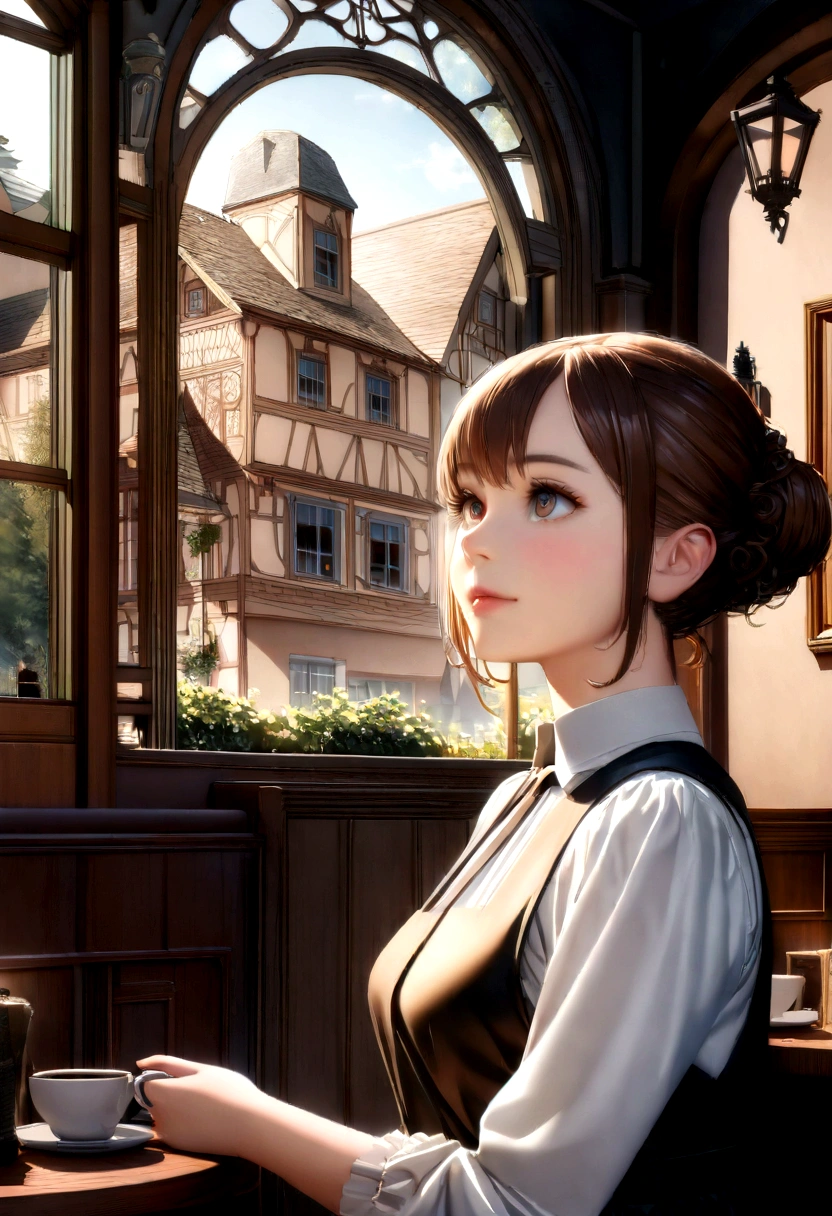 Landscape of a father"A beautifully detailed portrayal of a pretty girl with radiant skin and soft, bun hair, brown hair, speaking with an elegantly dressed woman whose features exude a calm confidence. Their eyes meet with a blend of curiosity and mutual respect. Photorealistic Image, Set in a quaint European café with ambient street noise in the background and the aroma of freshly brewed coffee permeating the air. No Art Inspiration, Nikon Z7 II, Medium shot, NIKKOR Z 50mm f/1.2 S, Golden ratio, 8K UHD, Ambient light filtering through the café's front windows, casting a warm glow on their skin, (((hyper detailed))), Natural lighting augmented by soft indoor bulbs, Octane render."