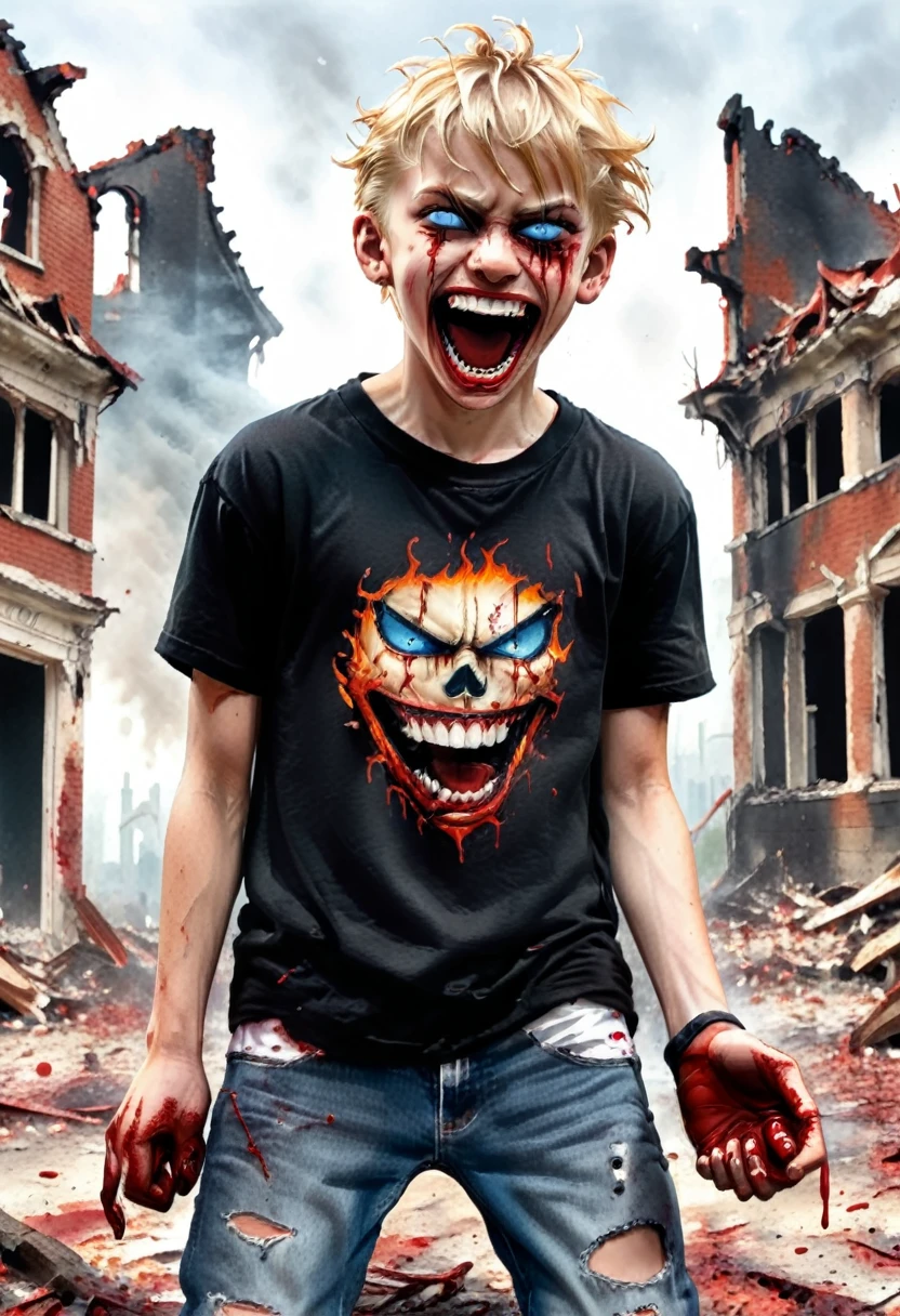 blond-haired boy. He’s wearing a black T-shirt, blue jeans and white basketball. He’s laughing. His eyes are scary. He has red blood on his hands and on his clothes. Around him are burning ruins and buildings. [Boy] [Bad] [Red Blood] [Laugh] [Scary]