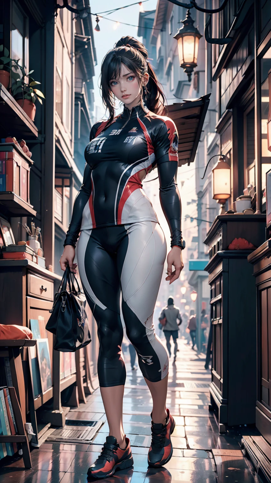Rainy night,city,Beautiful woman with gal make-up wearing a sports suit on the busy street of Gintama, Surrounded by sellers, Beautiful portrait of a stunning goddess girl, Beautifully detailed face, Porcelain-like skin, Full Body Shot, Centered, Super soft lighting, Symmetric, Complex, elegant, Very detailed, Realistic, Art Station, Concept Art, Smooth, Imagined by Greg Rutkowski and Boris Vallejo, cover, Trendy style