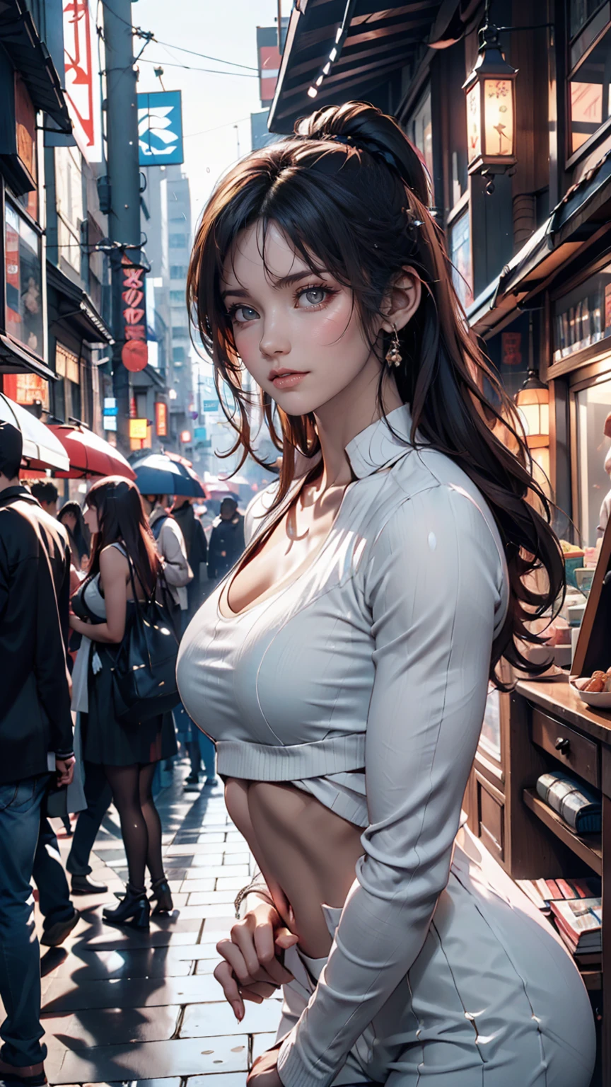 Rainy night,city,Beautiful woman with gal make-up wearing a sports suit on the busy street of Gintama, Surrounded by sellers, Beautiful portrait of a stunning goddess girl, Beautifully detailed face, Porcelain-like skin, Full Body Shot, Centered, Super soft lighting, Symmetric, Complex, elegant, Very detailed, Realistic, Art Station, Concept Art, Smooth, Imagined by Greg Rutkowski and Boris Vallejo, cover, Trendy style