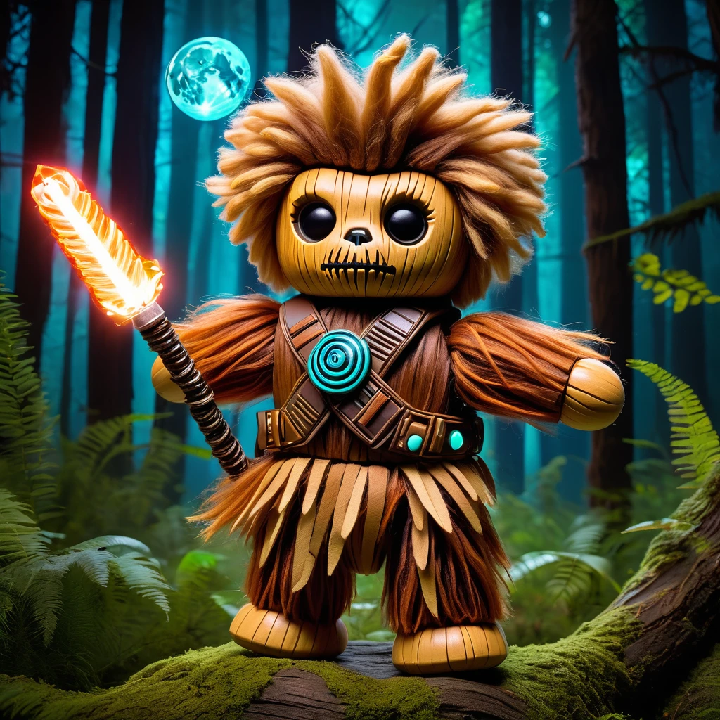(knitted toy voodoo doll:1.7), (Voodoo Chewbacca:1.3), (Clothing: bandolier with glowing roar symbols:1.0), (Accessories: enchanted bowcaster emitting sparks of loyalty magic, levitating spectral wookies:1.1), (background: forest planet with floating leaves, glowing moons, and spectral Ewoks:1.2), best quality, masterpiece, detailed soft oil painting, detailed background, dramatic cinematic lighting, soft edge lighting, professional, dramatic lighting, hard edge lighting, ultra quality, 4k, masterpiece, best quality, 8k, ultra high definition, high resolution, extremely detailed