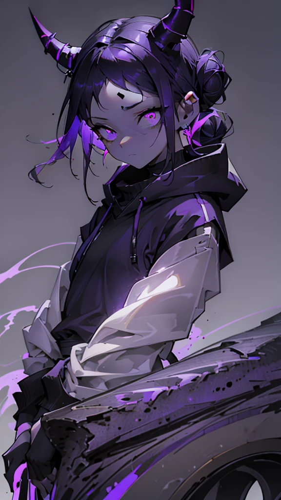 boy. thoughtful look. open forehead. black and purple hair tied in a bun on the left side to one side. sinuous black horns wrapped in dark purple ribbon. pale violet eyes. in short dark purple shorts. long white T-shirt. dark purple knee-high socks. dark_purple long coat with hood. древние dark_purple stone walls purple light from lamps on an old piano, blue lightning, a sword