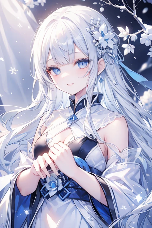 young girl, silver-diamond hair, diamond eyes, beautiful and detailed eyes, long hair with a charming style, scary smile, white and blue Japanese dress , ice flakes, ice flowers, surrounded by ice and snow,Ice tree garden setting