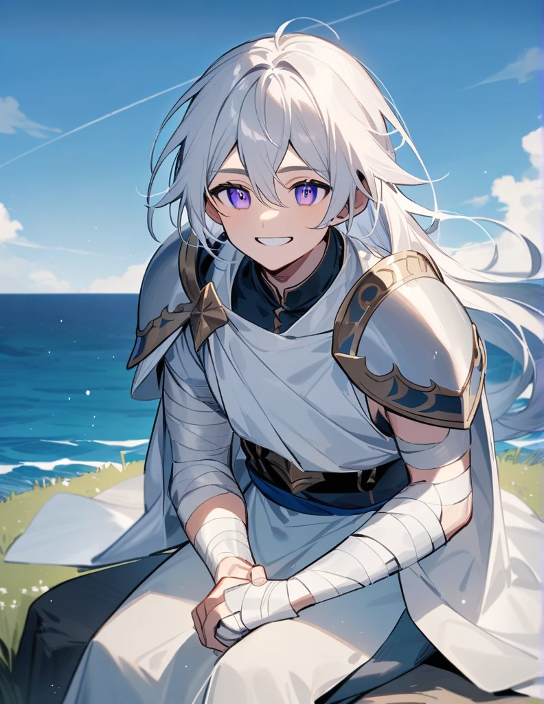 Greek boy with very long white hair, with violet eyes, with one of his arms covered in bandages, with silver shoulder pads and giving a smile of relief while sitting on a hill facing the ocean