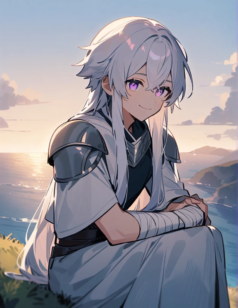 Greek boy with very long white hair, with violet eyes, with one of his arms covered in bandages, with silver shoulder pads and giving a smile of relief while sitting on a hill facing the ocean