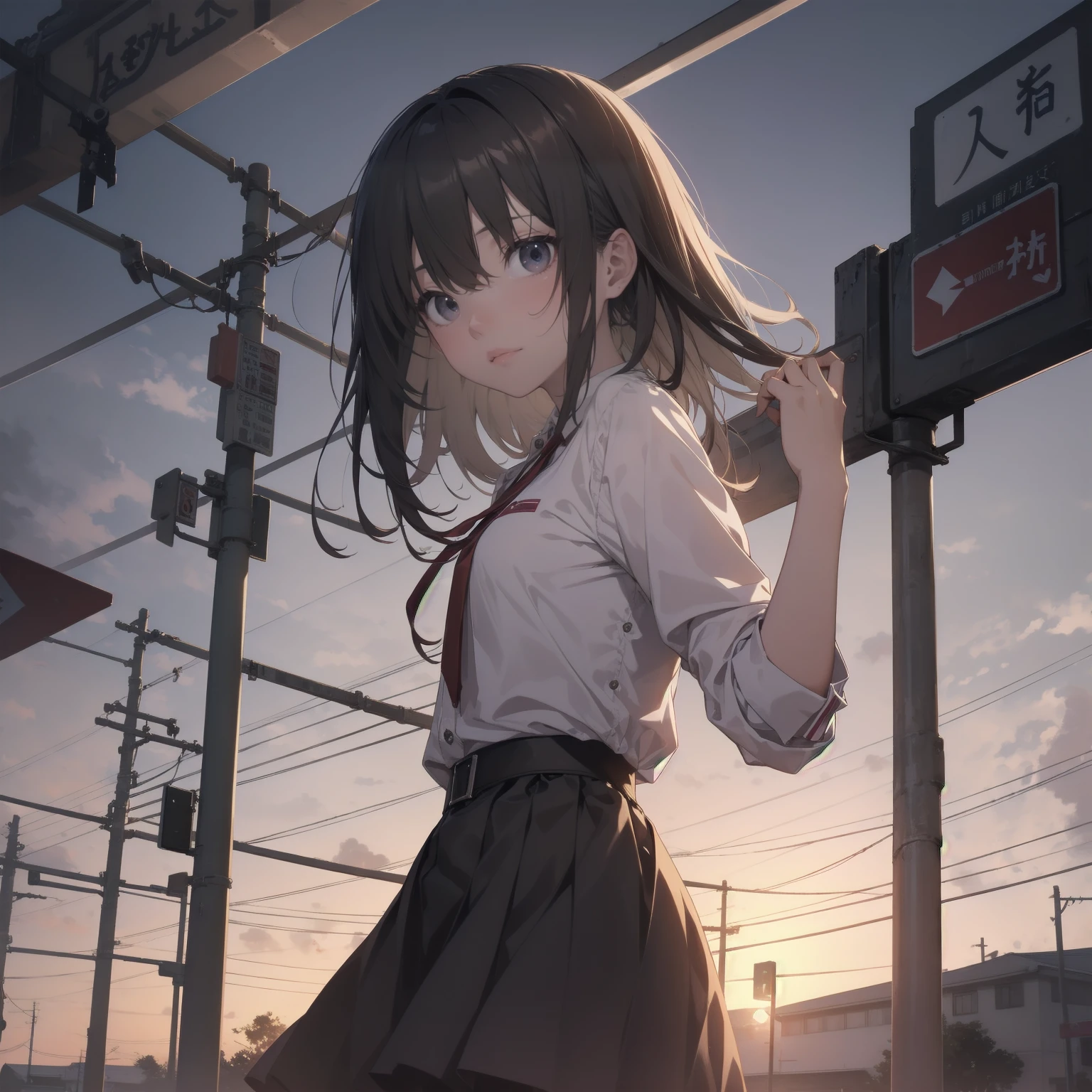 High resolution、Highest quality、Very detailed、makoto shinkai、sunset、Girl in white dress looking sideways、College student with long brown hair、Electric pole、electric wire、Railroad crossing、Lens blur