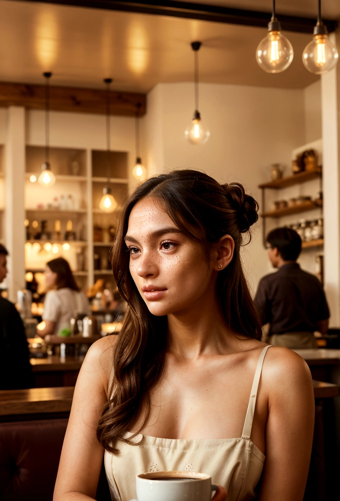Landscape of a father"A beautifully detailed portrayal of a pretty girl with radiant skin and soft, bun hair, brown hair, speaking with an elegantly dressed woman whose features exude a calm confidence. Their eyes meet with a blend of curiosity and mutual respect. Photorealistic Image, Set in a quaint European café with ambient street noise in the background and the aroma of freshly brewed coffee permeating the air. No Art Inspiration, Nikon Z7 II, Medium shot, NIKKOR Z 50mm f/1.2 S, Golden ratio, 8K UHD, Ambient light filtering through the café's front windows, casting a warm glow on their skin, (((hyper detailed))), Natural lighting augmented by soft indoor bulbs, Octane render."