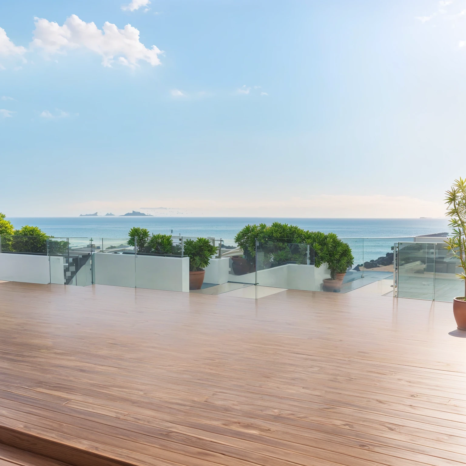 There is a wooden deck,There is a potted plant on top, In the seaside environment, Broader horizons, Sea view, Sea view, looks realistic, Sea view, panoramic widescreen view, Very high resolution, crisp smooth lines, a photoRealistic rendering, Realistic rendering, 3 6 0 Render panorama, Eye level view, Ultra-high resolution