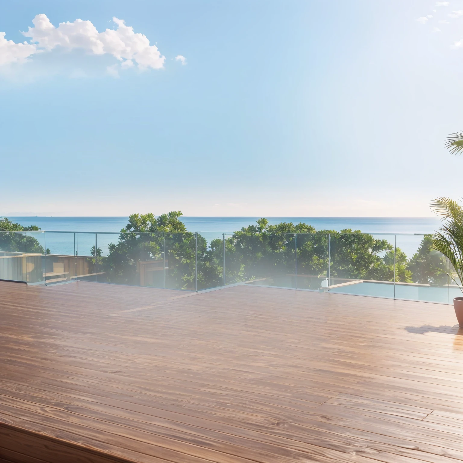There is a wooden deck,There is a potted plant on top, In the seaside environment, Broader horizons, Sea view, Sea view, looks realistic, Sea view, panoramic widescreen view, Very high resolution, crisp smooth lines, a photoRealistic rendering, Realistic rendering, 3 6 0 Render panorama, Eye level view, Ultra-high resolution