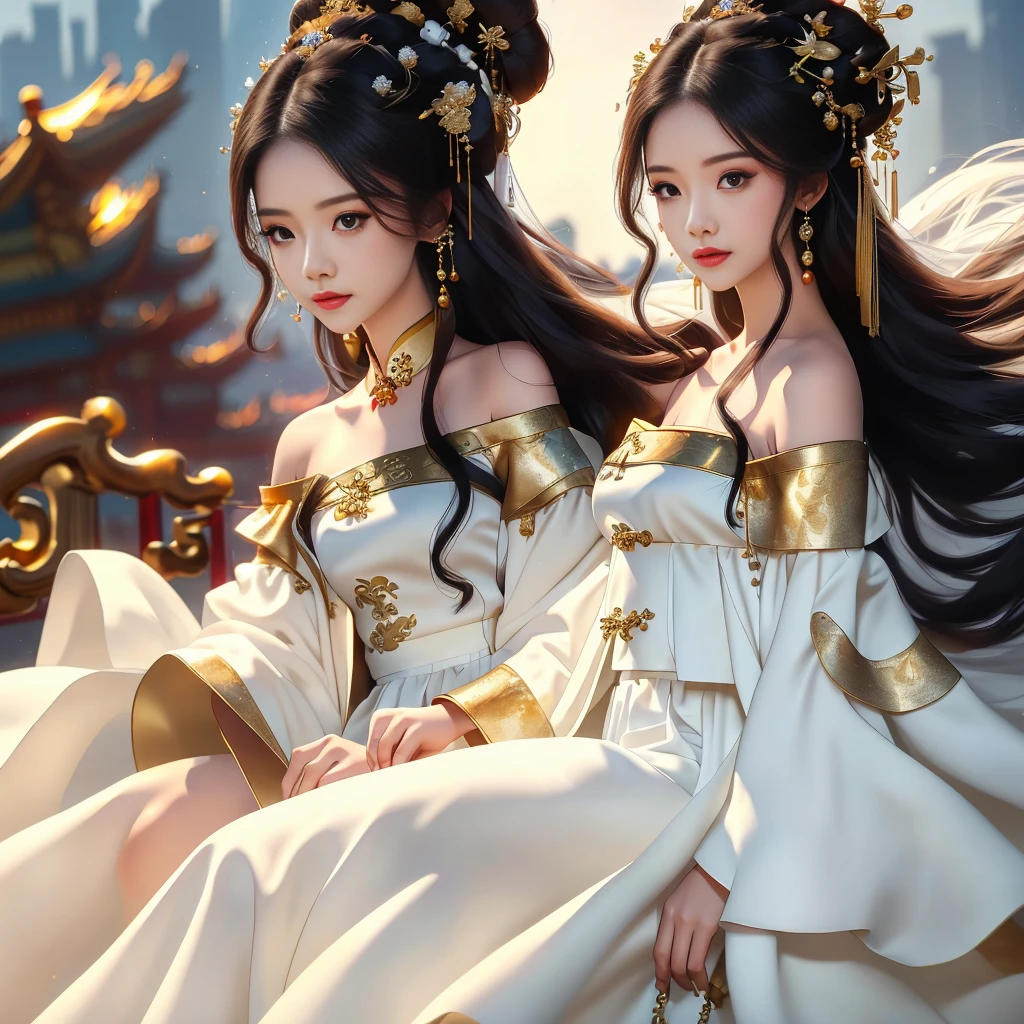 Girl in traditional Chinese clothing, Hanfu, Guzhen Hanfu women, White Hanfu,(long straight black hair:1.5), black eyes, black bun hairstyle, hair accessories ,white diamond earrings, Bangle Diameter, Dia Necklace, Clear eyes, Facing forward,put on makeup, Long eyelashes ,(gold long shoulder coat:1.5), (Very long skirt, white:1.5), ((Whole body)), ((from below)), Clear face, , (Very beautiful face, Beautiful mouth, beautiful eyes), detailed face, ((Ultra-fine skin)), In the dark, deep shadows, an ancient Chinese girl (Very slim figure 1.3) ,Plump breasts, elegant posture ,(palace in the sky:1.5),