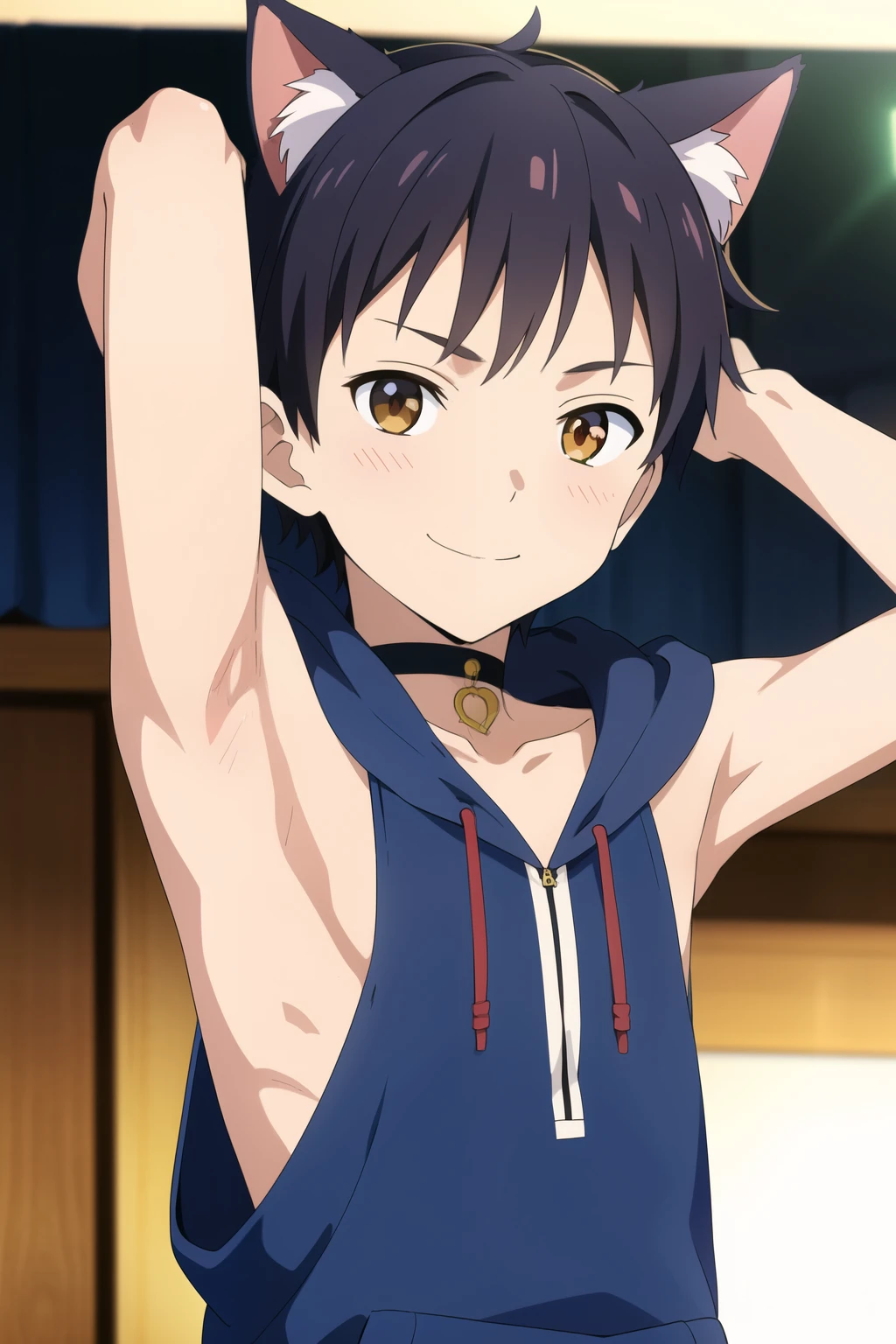 Highres, Masterpiece, Best quality at best,Best Quality,hight quality, hight detailed, Anime style, 1boy, Boy, Little boy, Shota, cat ear, Solo person, Sleeveless hoodie, Choker, Slim body, upper body, smile, blurry background, (Seen from the front), The armpits of a 12 year old boy, Adorable little armpits, (Showing armpit:1.3), (very young boy), (very small and short body), Age 12,Uhd, bokeh