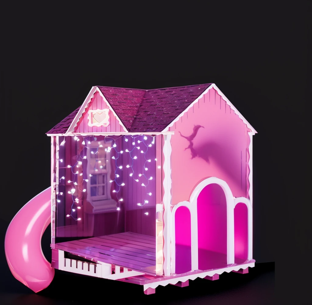 a pink and white fairy tale cottage with a pink snake and a heart on the roof, and a small stage in the back. 3d style, simplified design, 3d render, glossy texture, smooth 3d model, multiple light sources, rim light, sharp post effects render, (glossy plastic texture with multiple big light probe refractions), perfect cgi, smooth silhouette, high intensity refraction, (super glossy material), most beautiful vfx , blue background, plastic refractions, realistic, 4k, high resolution, rim light, photo shoot, commercial photo, profile shot, 4k, rim light, high resolution, 4k, glossy texture, smooth 3d model, multiple light sources, rim light, sharp post effects render, (glossy metallic texture with multiple big light probe refractions), perfect cgi, cgi art created only with gradients, smooth silhouette, high intensity refraction, (super glossy chrome material), most beautiful vfx, blue background, chrome metal refractions, multiple light sources, rim light, sharp post effects render, perfect cgi, digital art, detailed digital art, reflective, best quality, 4k, masterpiece:1.2, ultra-detailed, realistic, vivid colors, dark and moody lighting, The image of the highest quality, ensuring every detail is showcased perfectly. It in 4k resolution, allowing viewers to immerse themselves in the richness of the colors and intricate details. The realistic rendering. under the spotlight, reflecting, high-resolution image, realistic rendering, dark background, and rim light photorealistic The image features three characters standing in front of three houses. The characters are a red-haired mermaid, a purple cat, and an orange dog. They are each holding a yellow maraca
